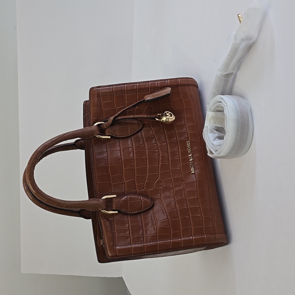 New Michael Kors Zoe Croc Embossed Leather Satchel Handbag Crosdbody Brown